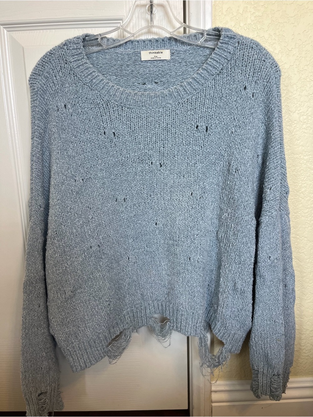 Pale Blue Distressed Crewneck Sweater - Women